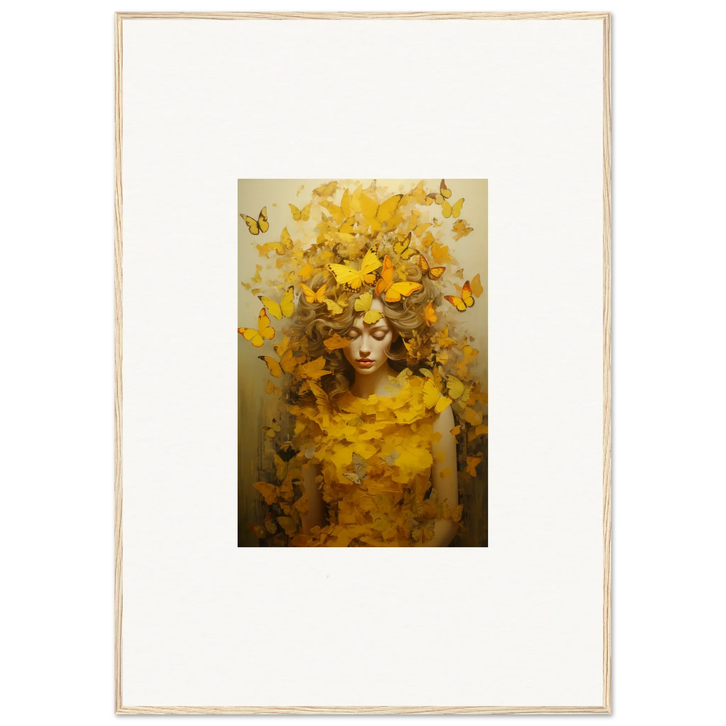 Framed canvas print of a figure with swirling yellow leaves for stylish room decoration