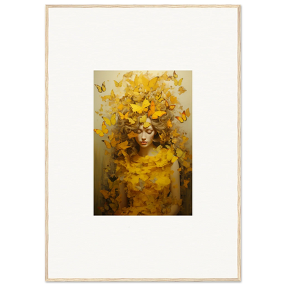 Framed canvas print of a figure with swirling yellow leaves for stylish room decoration