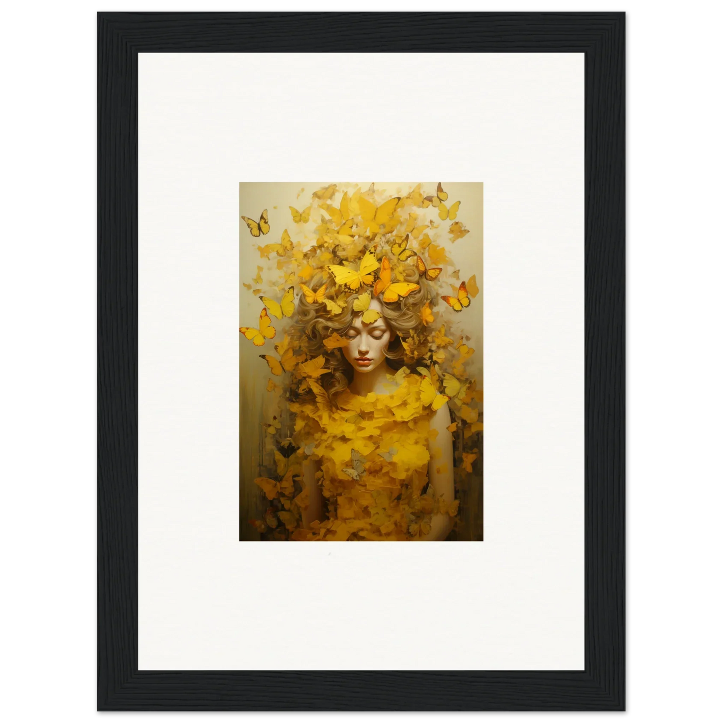 Framed canvas print of a figure with yellow butterflies for vibrant room decoration