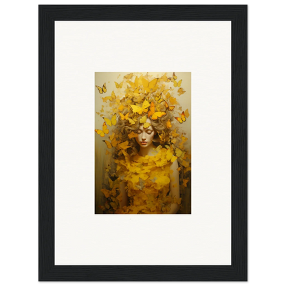 Framed canvas print of a figure with yellow butterflies for vibrant room decoration