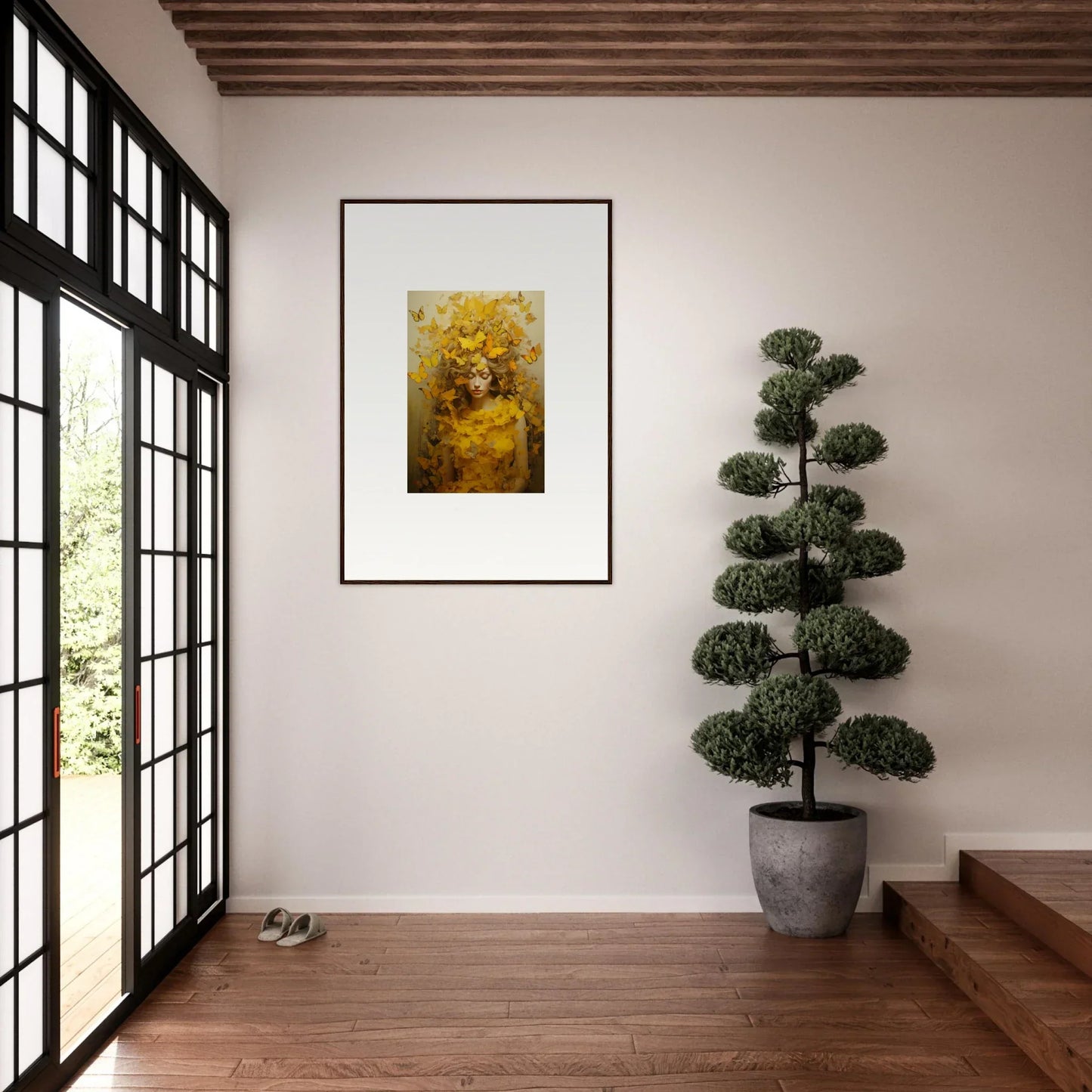 Framed abstract painting in golden and yellow tones for stylish room decoration