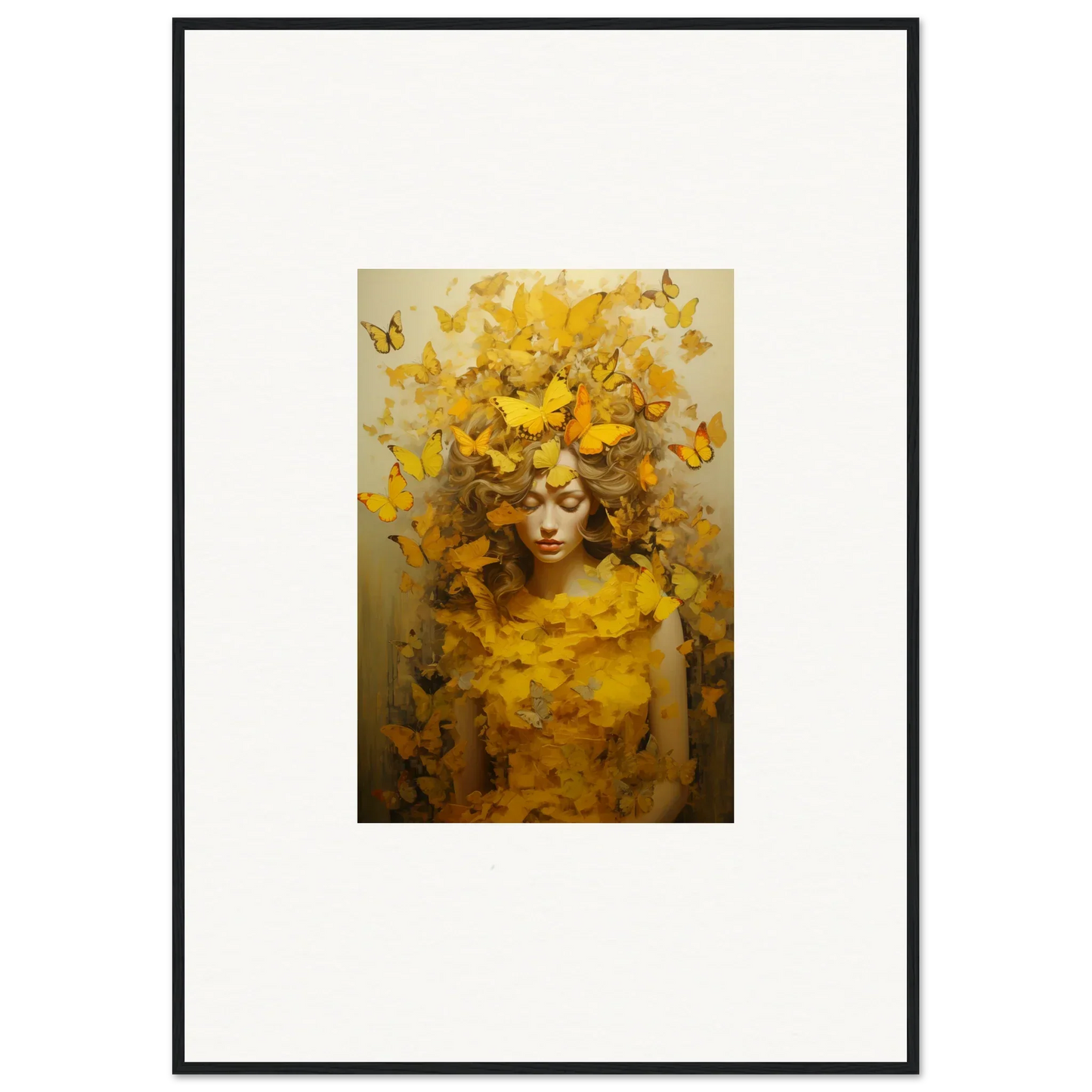 Framed canvas print of a figure with yellow butterflies for stylish room decoration