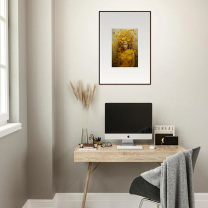 Minimalist home office with a wooden desk, computer, and Chrysanthemum Ephemera Jollification canvas print