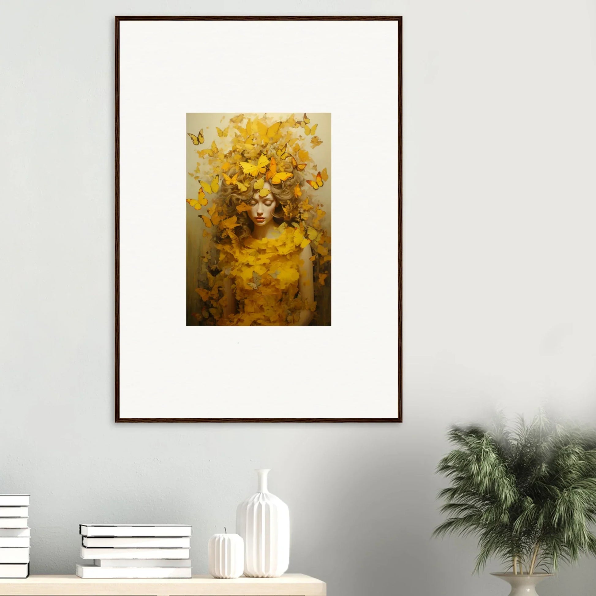 Framed canvas print of a figure with bright yellow autumn leaves for room decoration