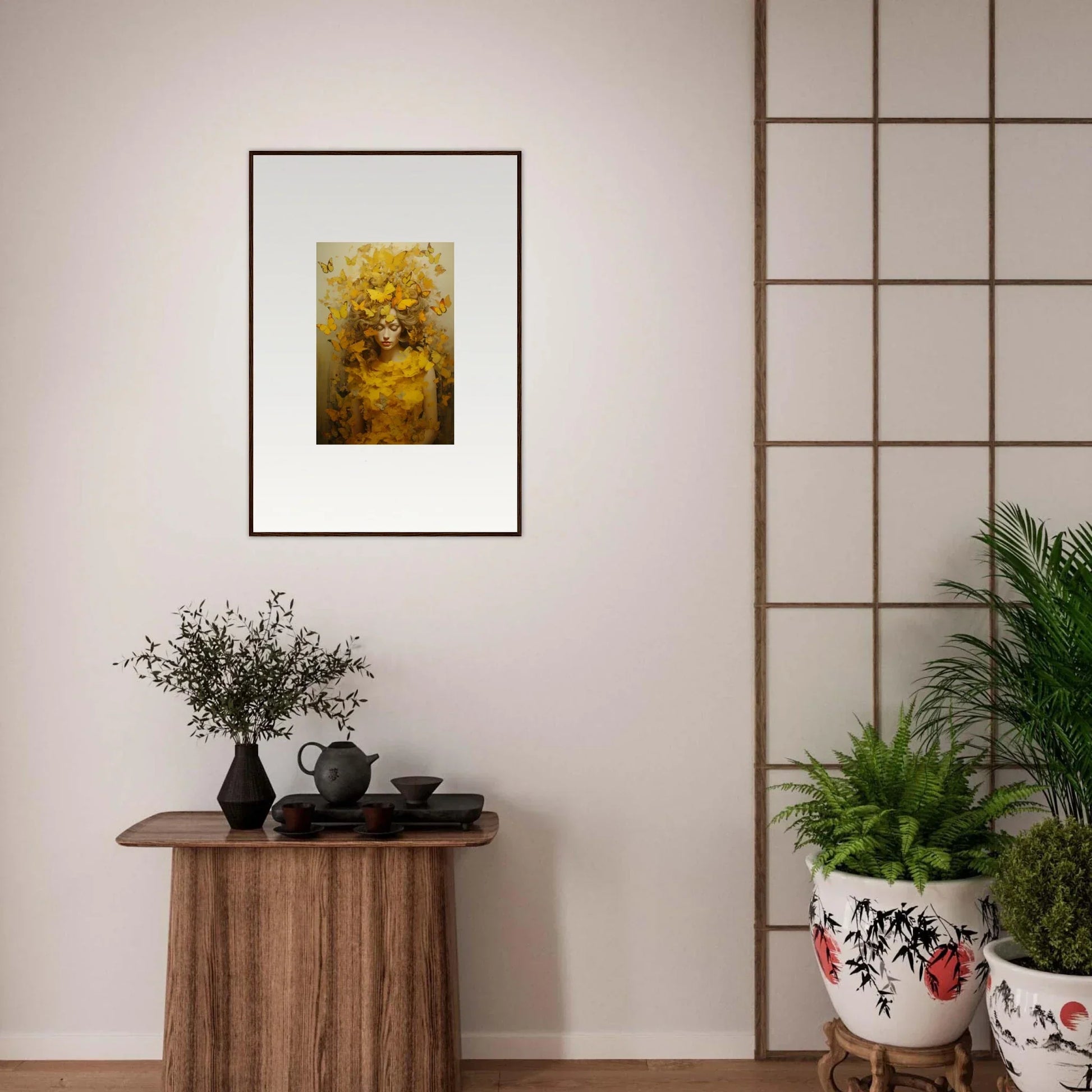 Framed abstract painting in yellow and gold for stylish room decoration, Ephemera Jollification