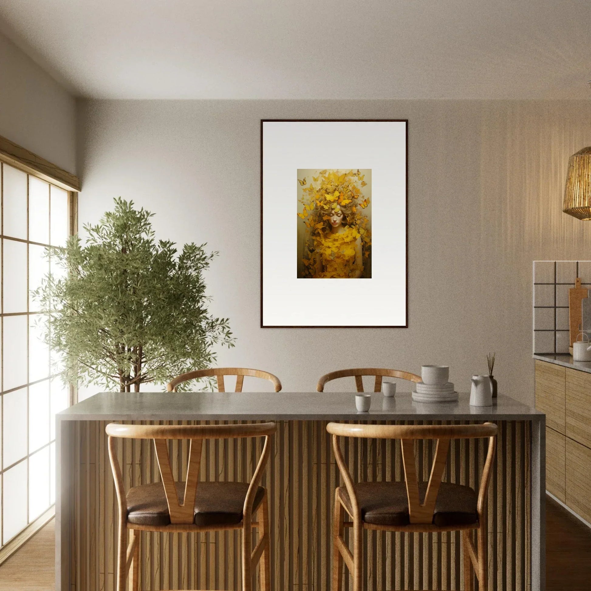 Dining area with a table and chairs featuring Chrysanthemum Ephemera Jollification canvas print