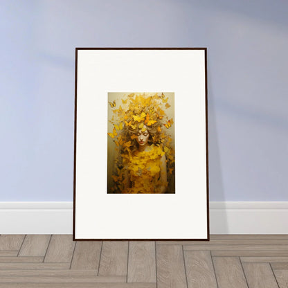 Framed canvas print of a figure amid yellow flowers and butterflies for room decoration