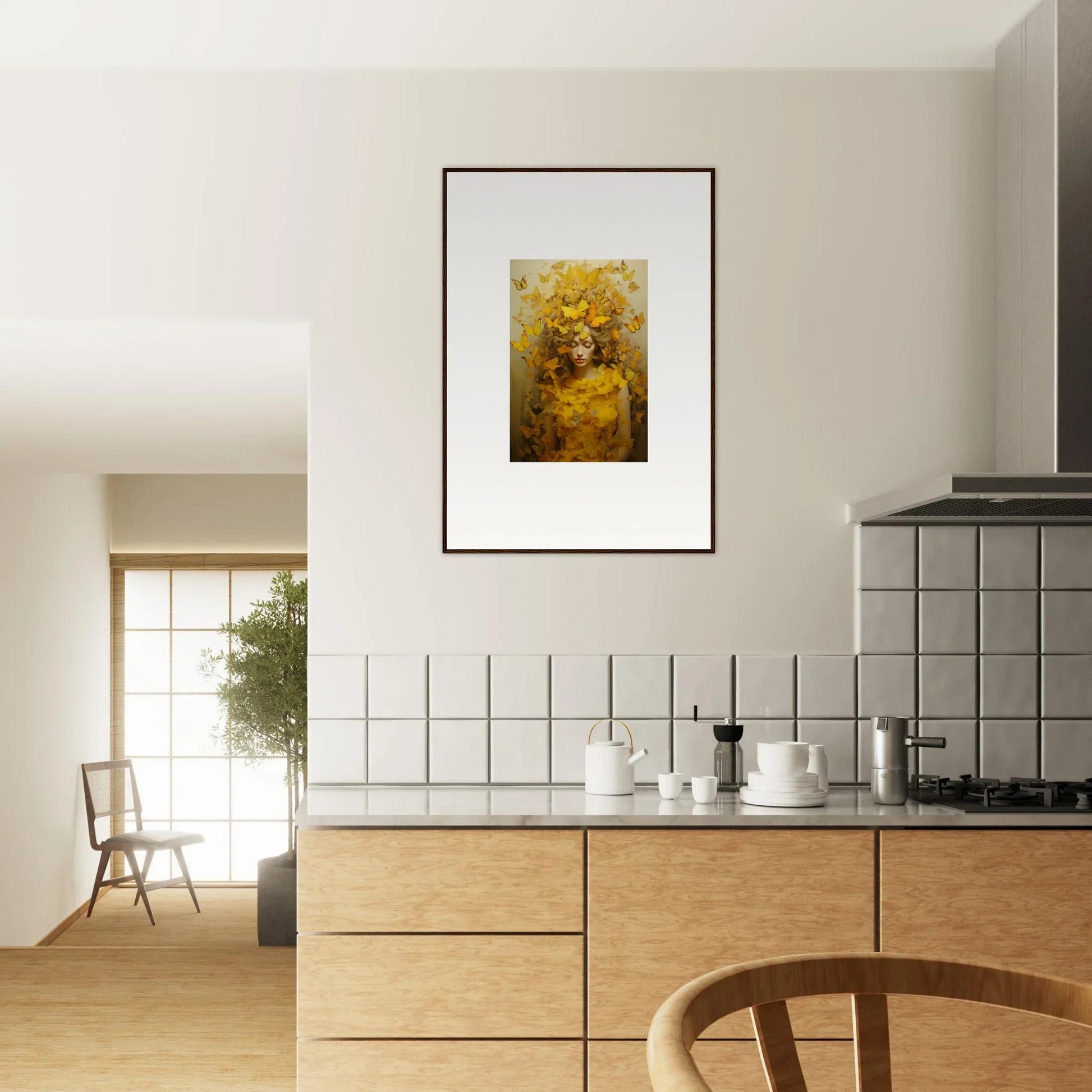 Framed canvas print of a golden abstract figure for stylish room decoration