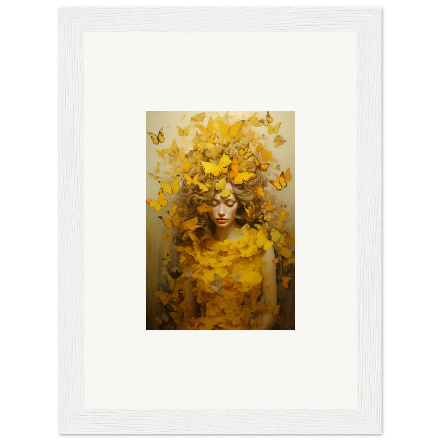 Framed canvas print of a figure with yellow butterflies for room decoration