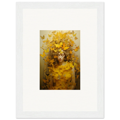 Framed canvas print of a figure with yellow butterflies for room decoration