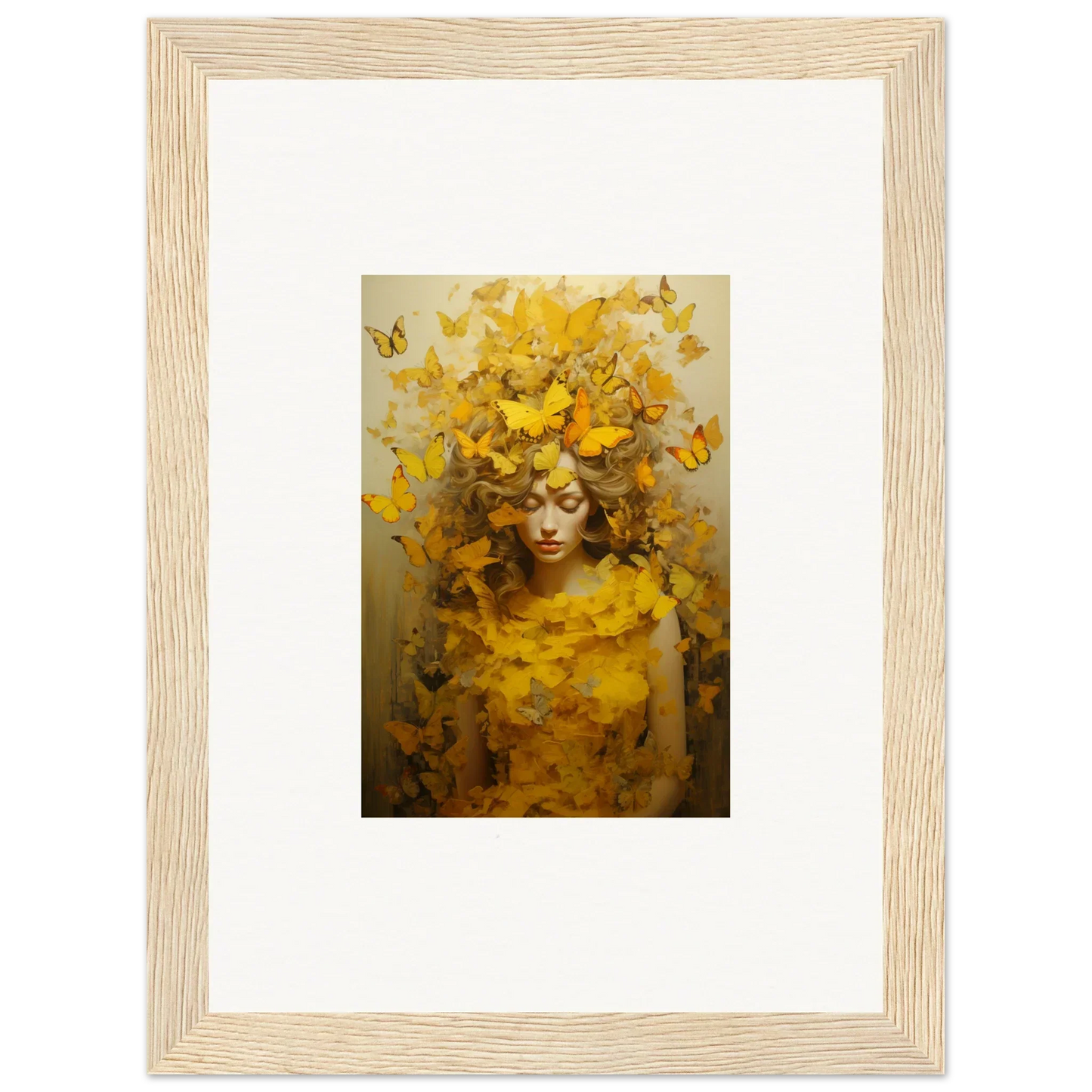 Framed canvas print of a figure with yellow butterflies for stylish room decoration