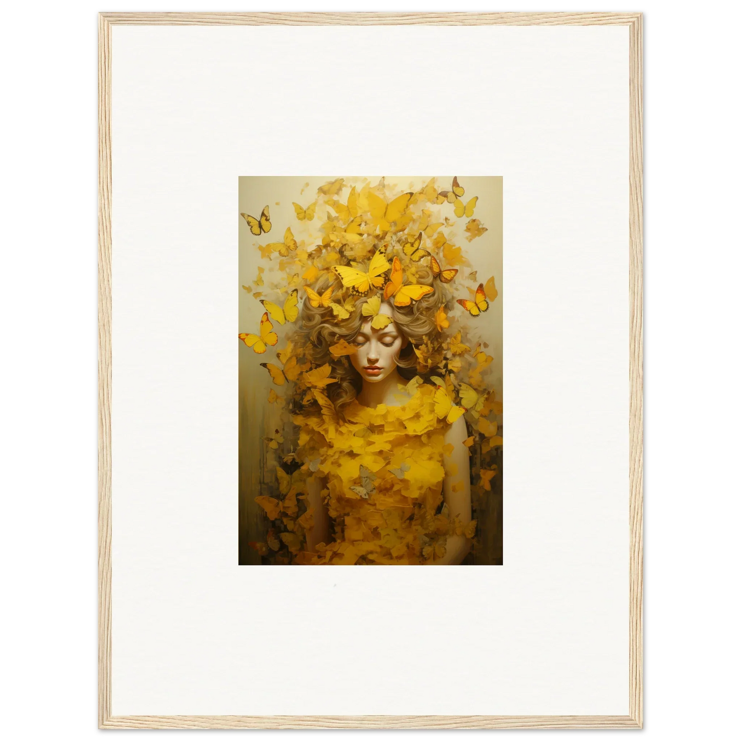 Framed canvas print of a figure with yellow butterflies for vibrant room decoration