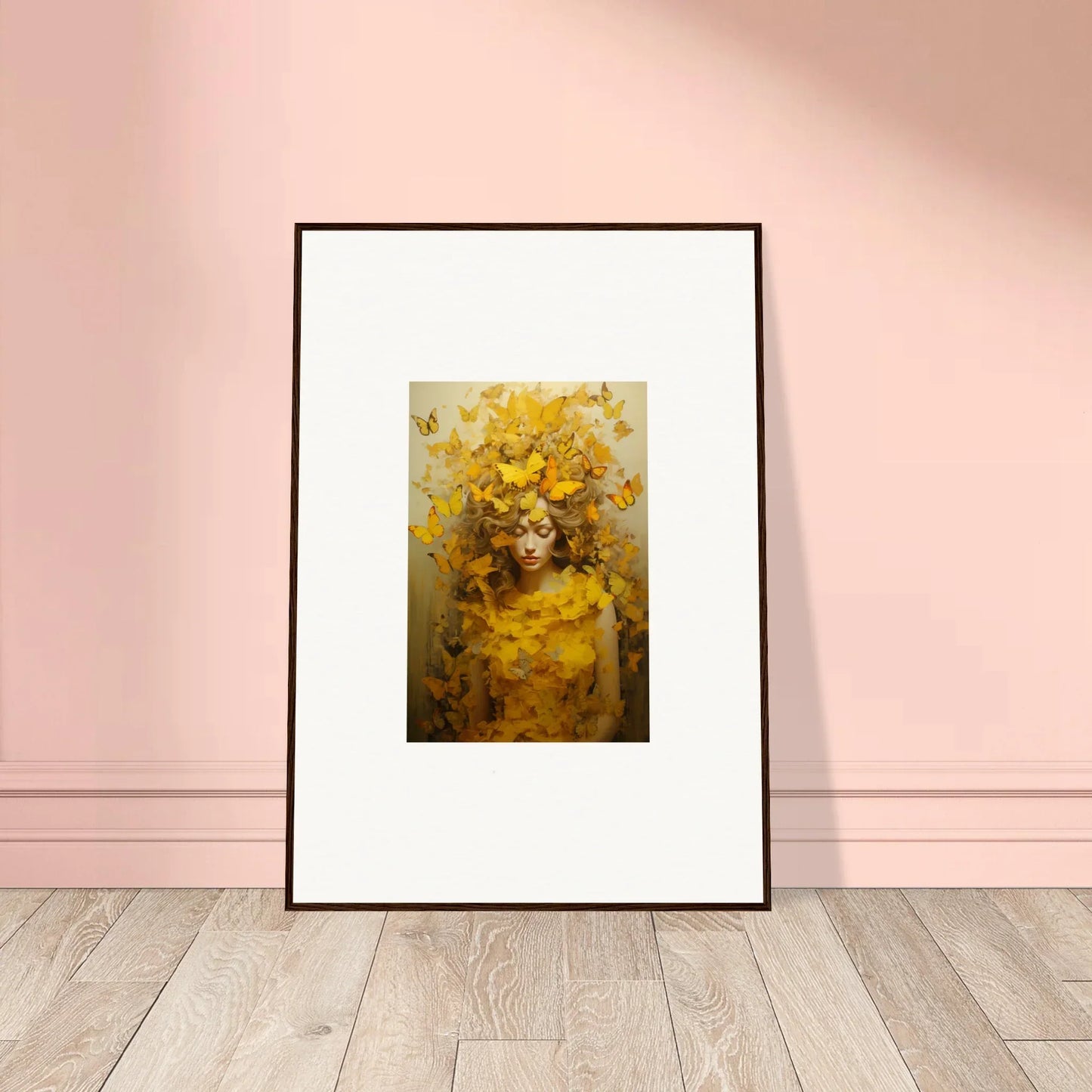 Framed canvas print of a figure with yellow flowers and butterflies for room decoration