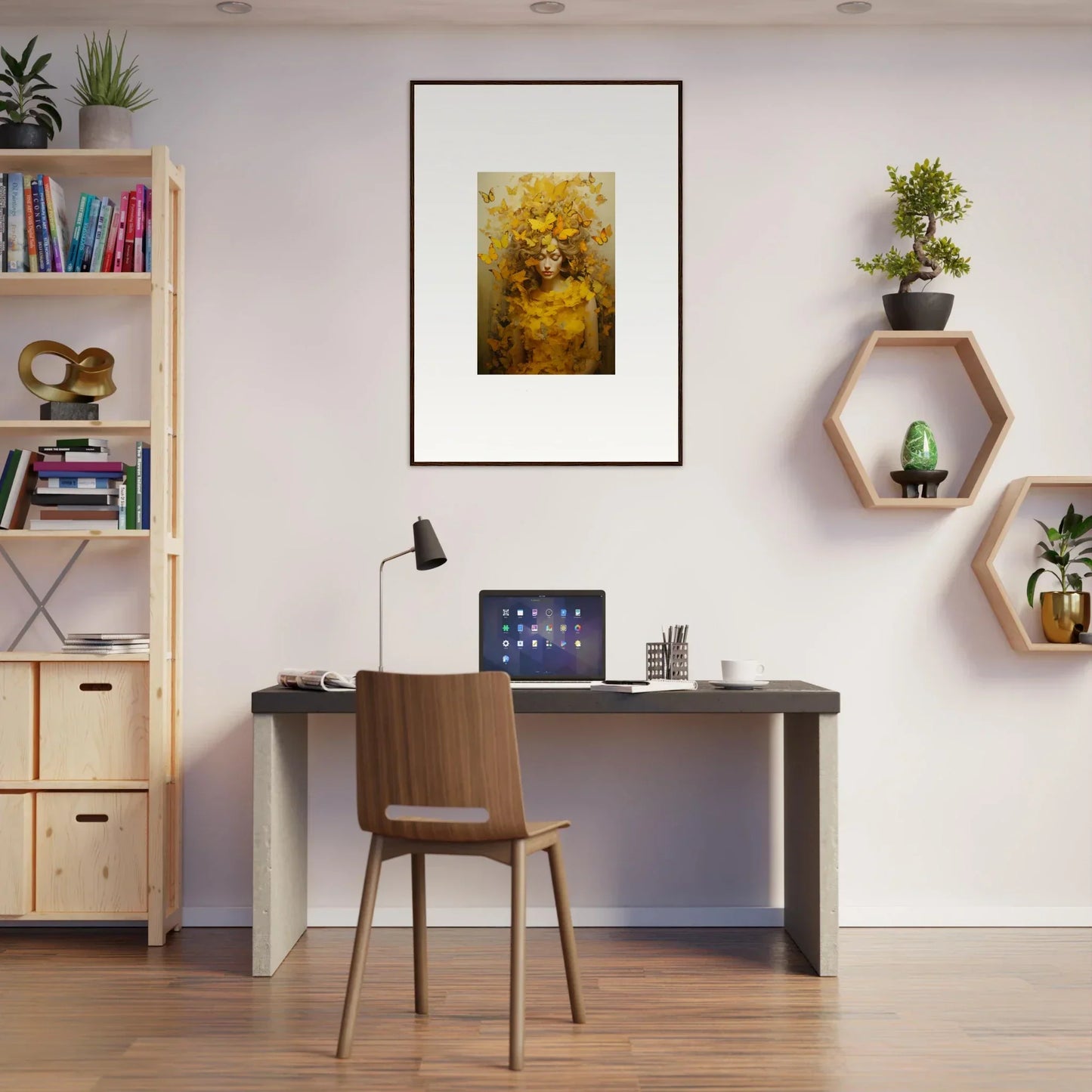 Cozy home office with desk, chair, and canvas print ephemera jollification decor