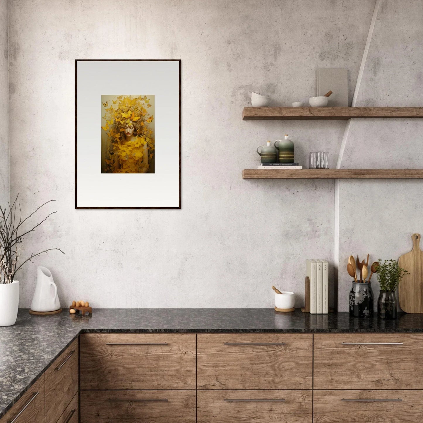 Framed canvas print of golden abstract floral art for stylish room decoration