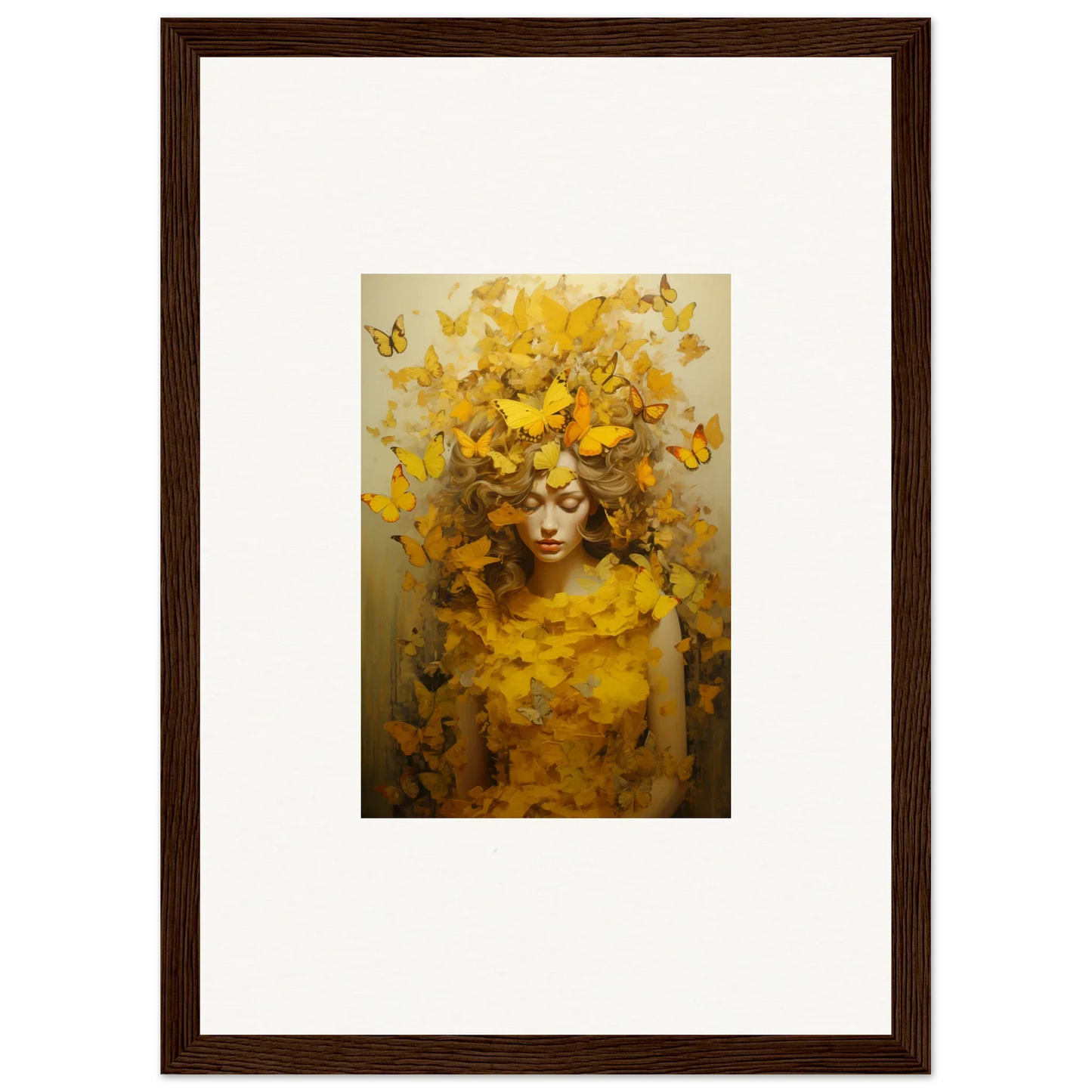 Framed canvas print of a figure with yellow butterflies and leaves for room decoration