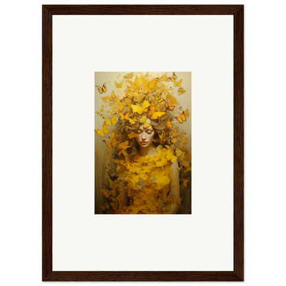 Framed canvas print of a figure with yellow butterflies and leaves for room decoration