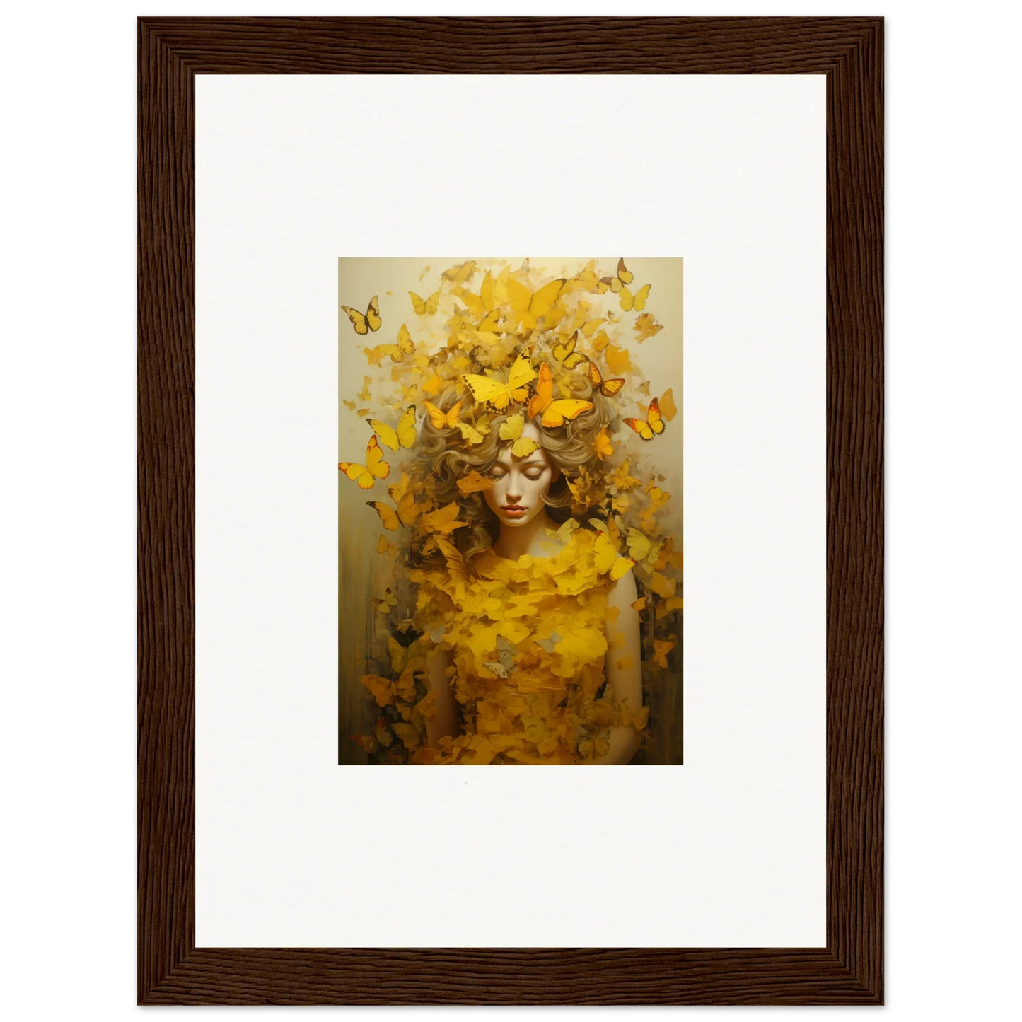 Framed canvas print of a figure with yellow butterflies for trendy room decoration