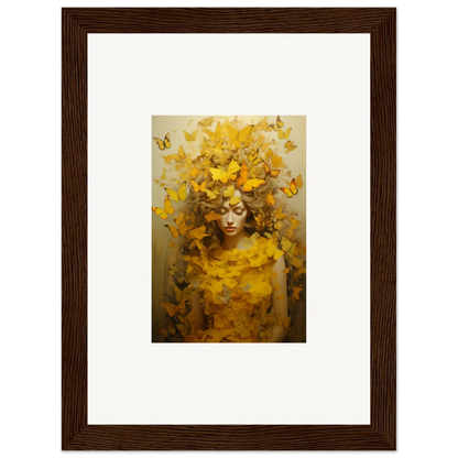 Framed canvas print of a figure with yellow butterflies for trendy room decoration