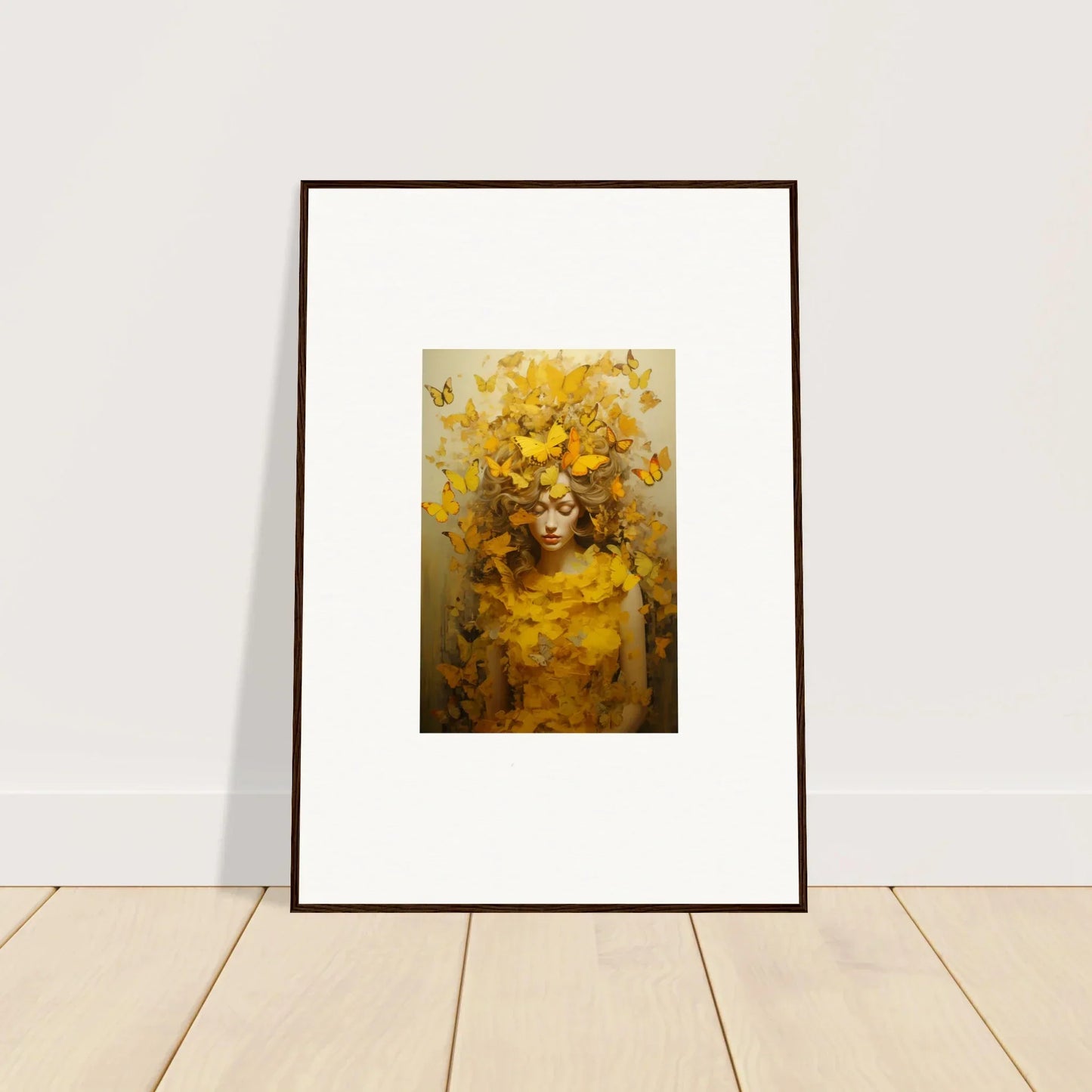 Framed canvas print of a figure with yellow flowers and butterflies, perfect for ephemera jollification