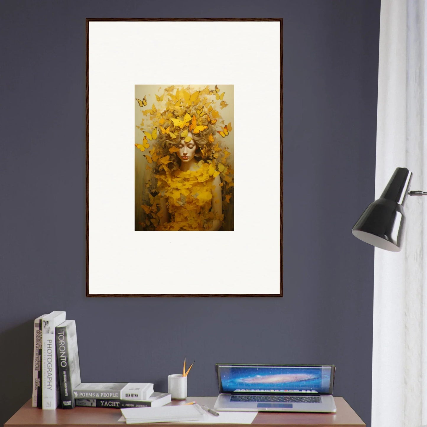 Framed canvas print of a figure with yellow butterflies for vibrant room decoration