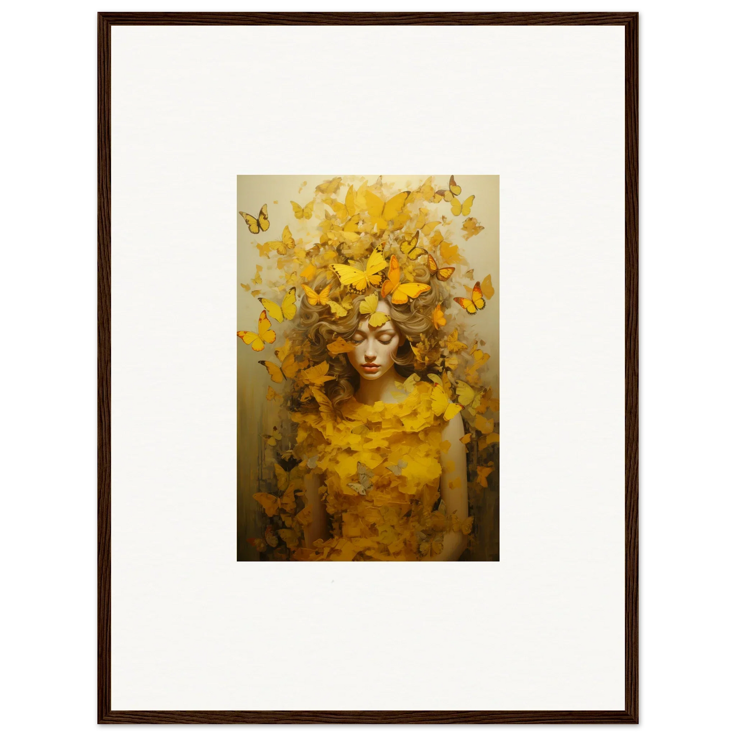 Framed canvas print of vibrant figure with yellow butterflies for cool room decoration