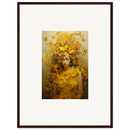 Framed canvas print of vibrant figure with yellow butterflies for cool room decoration