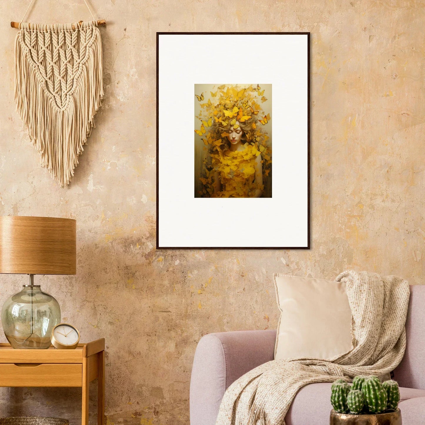 Framed abstract painting with yellow tones for stylish room decoration and ephemera jollification