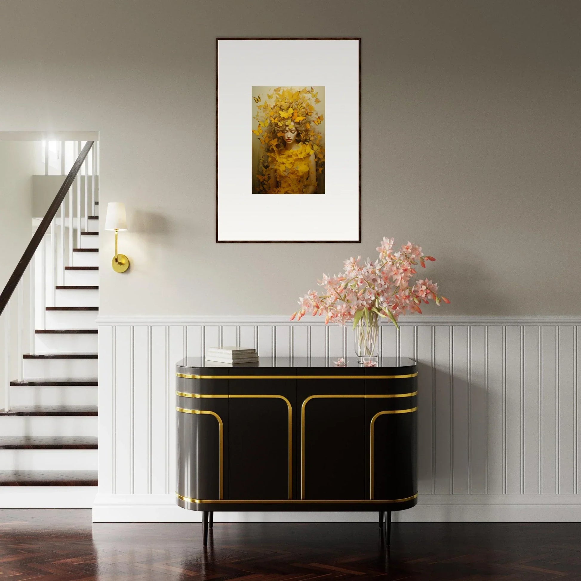 Elegant black sideboard with gold trim and pink flowers for stylish room decoration