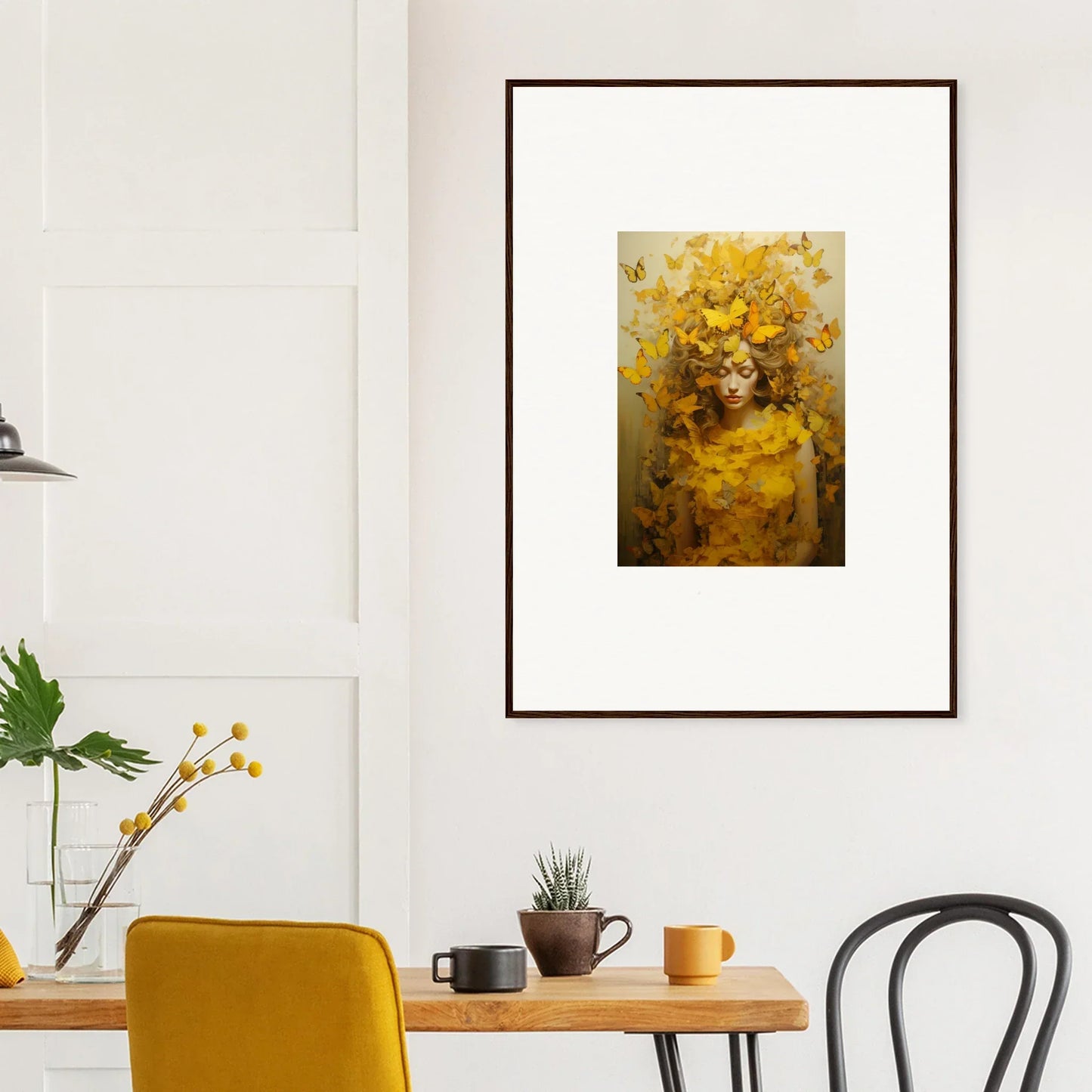 Framed artwork featuring a figure with vibrant yellow flowers for room decoration