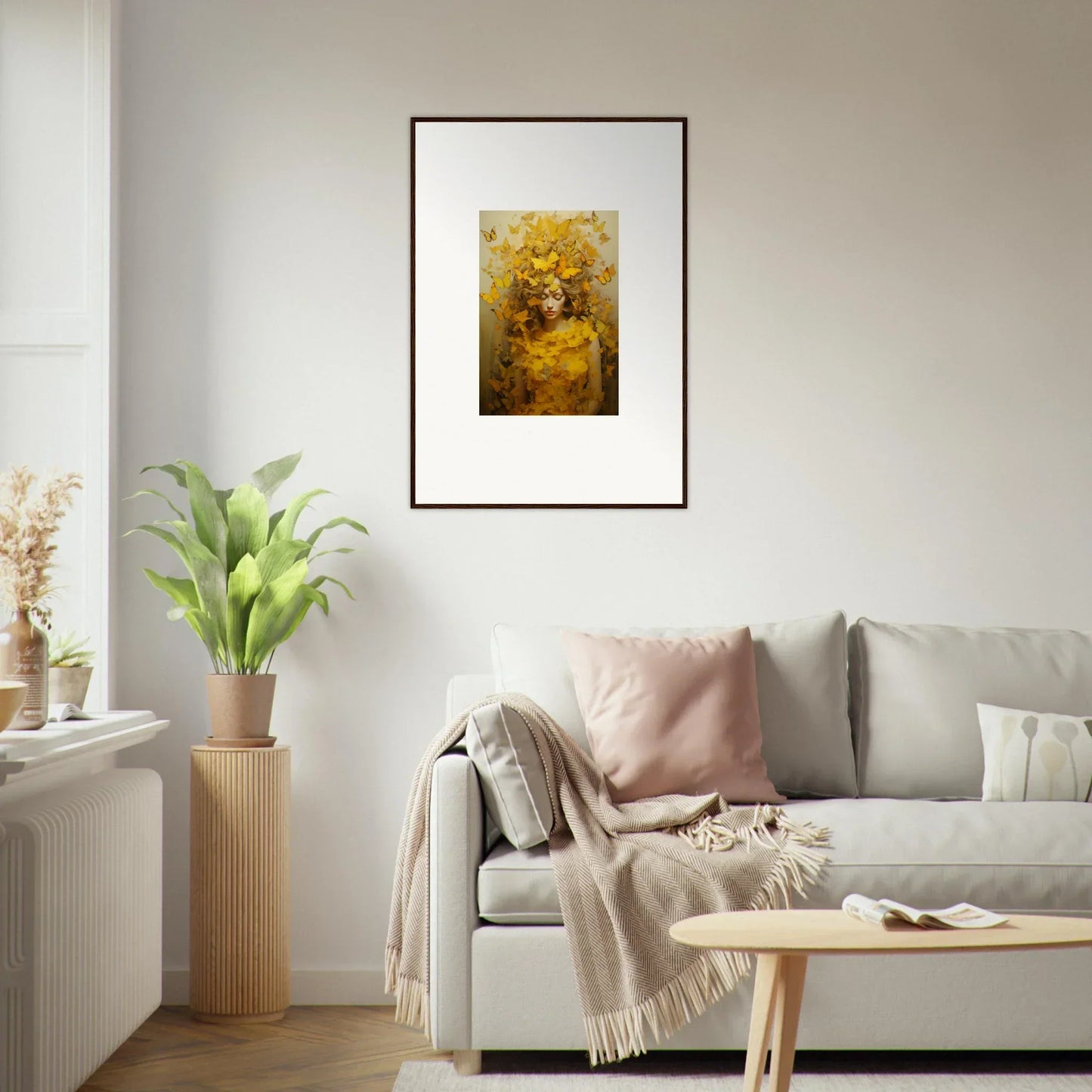 Framed abstract painting in golden and earthy tones, perfect for room decoration