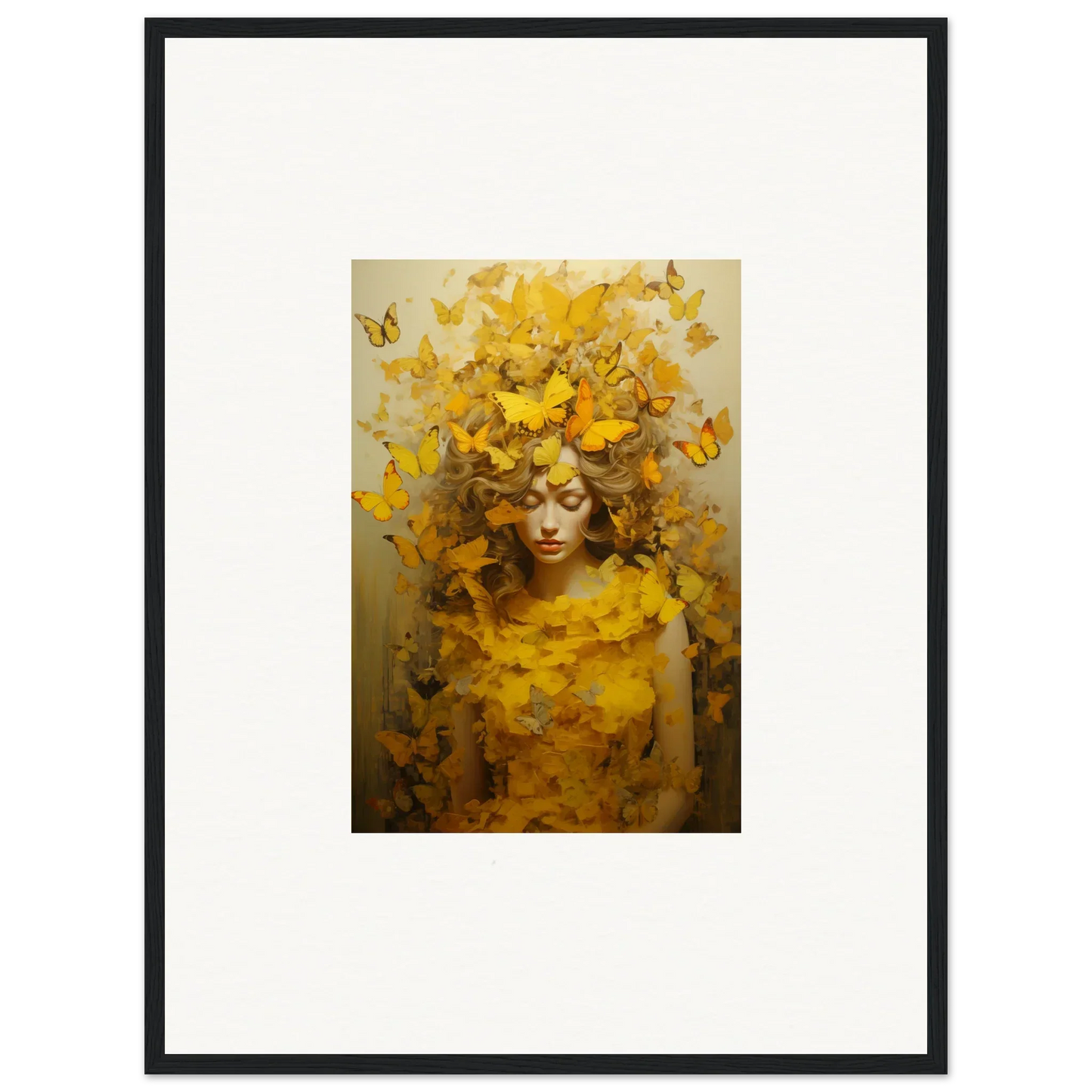 Framed Canvas Print of a Figure Surrounded by Yellow Butterflies for Room Decoration