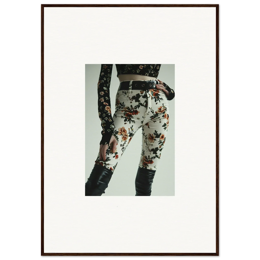 Floral-patterned pants or leggings with a dark belt.