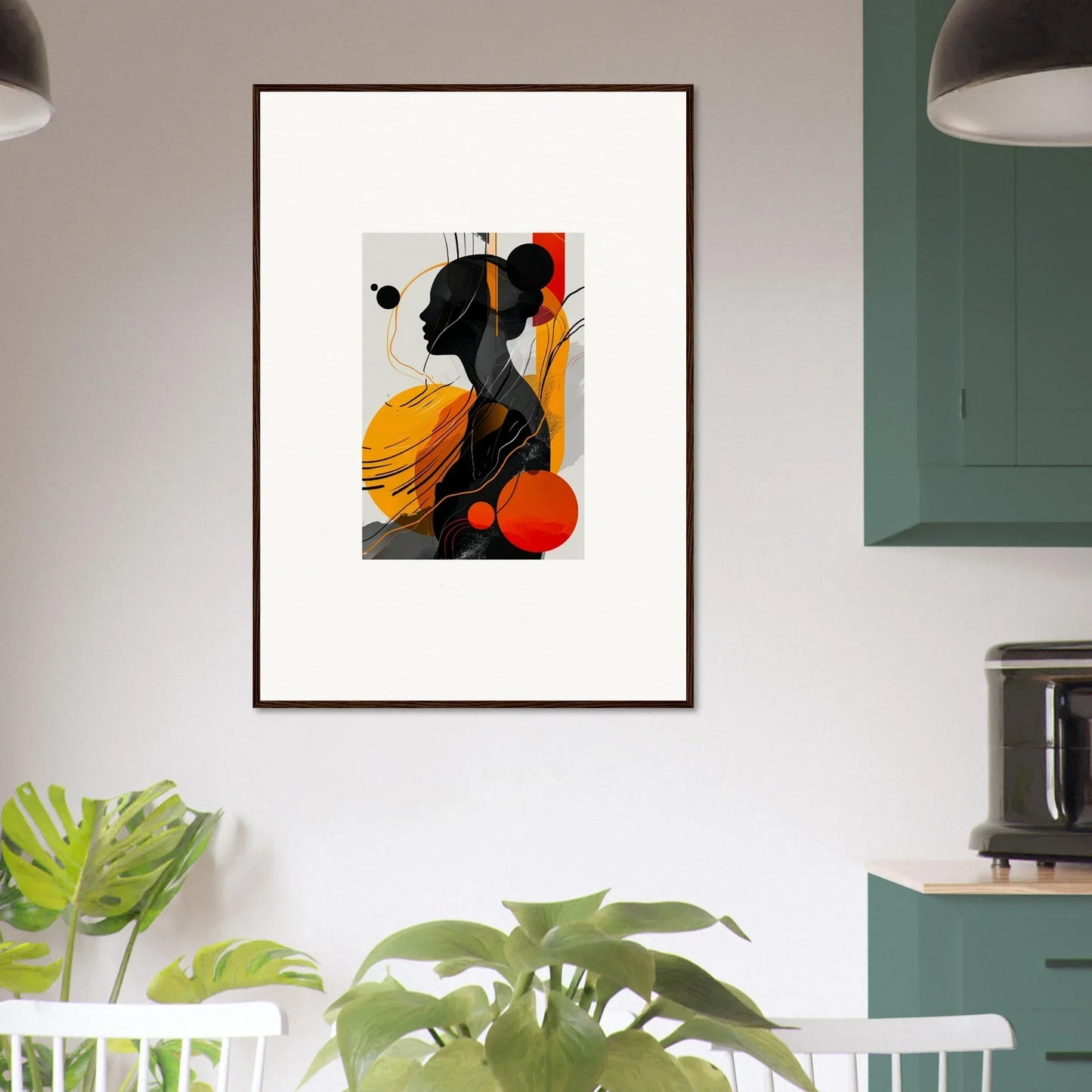 Framed abstract artwork in black, yellow, and red for modern room decor