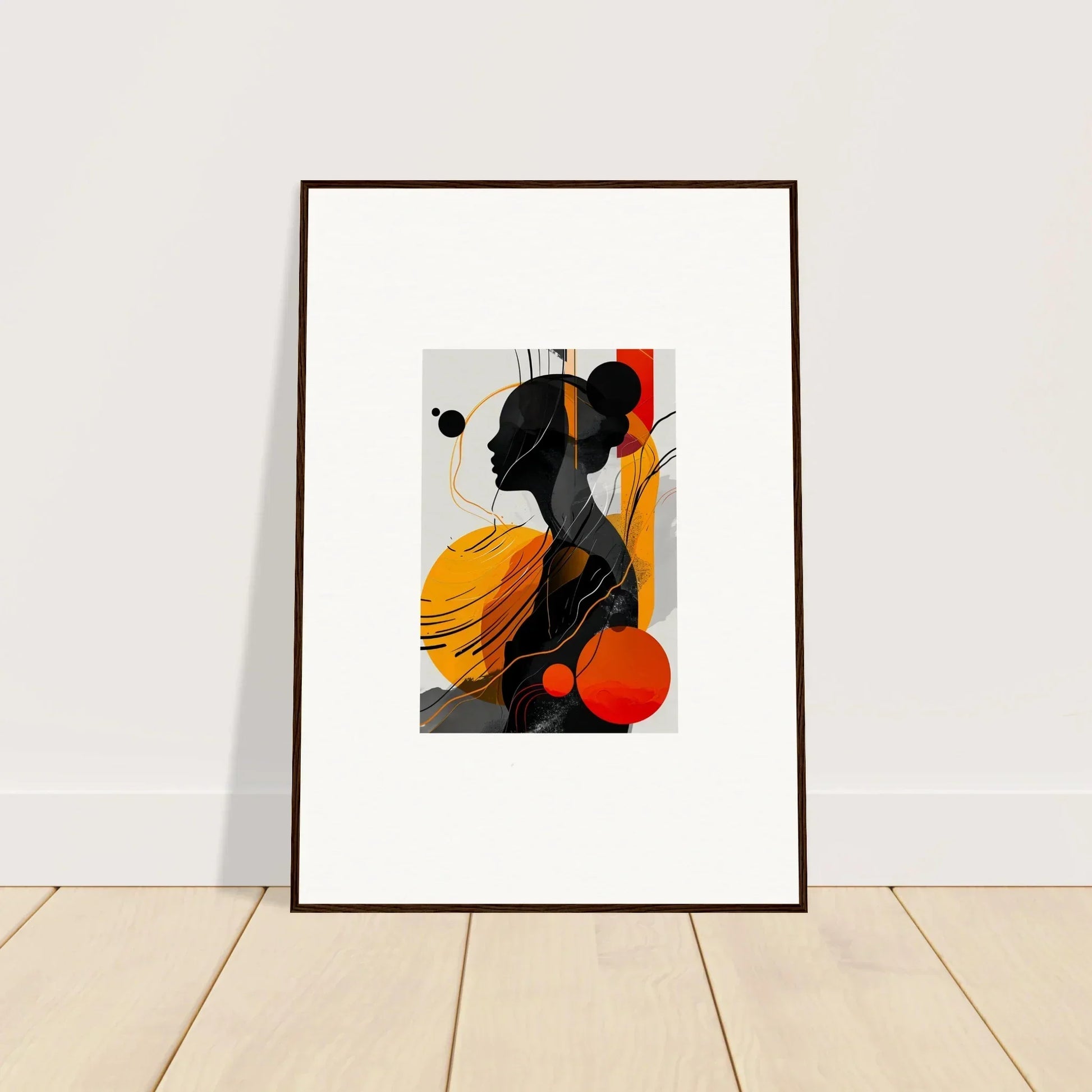 Framed wall art featuring vibrant yellow and red abstract silhouette for stylish room decor