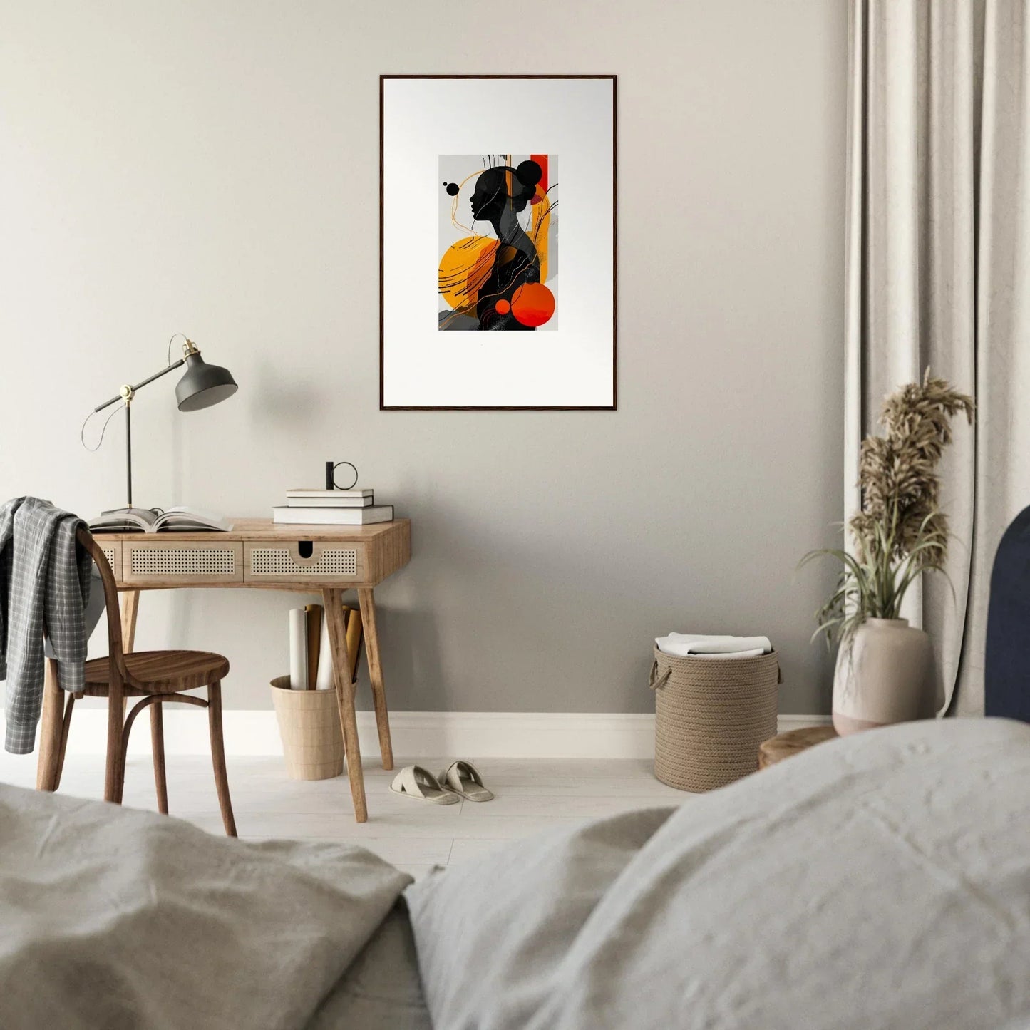 Framed abstract artwork with silhouette and colorful shapes for modern room decor