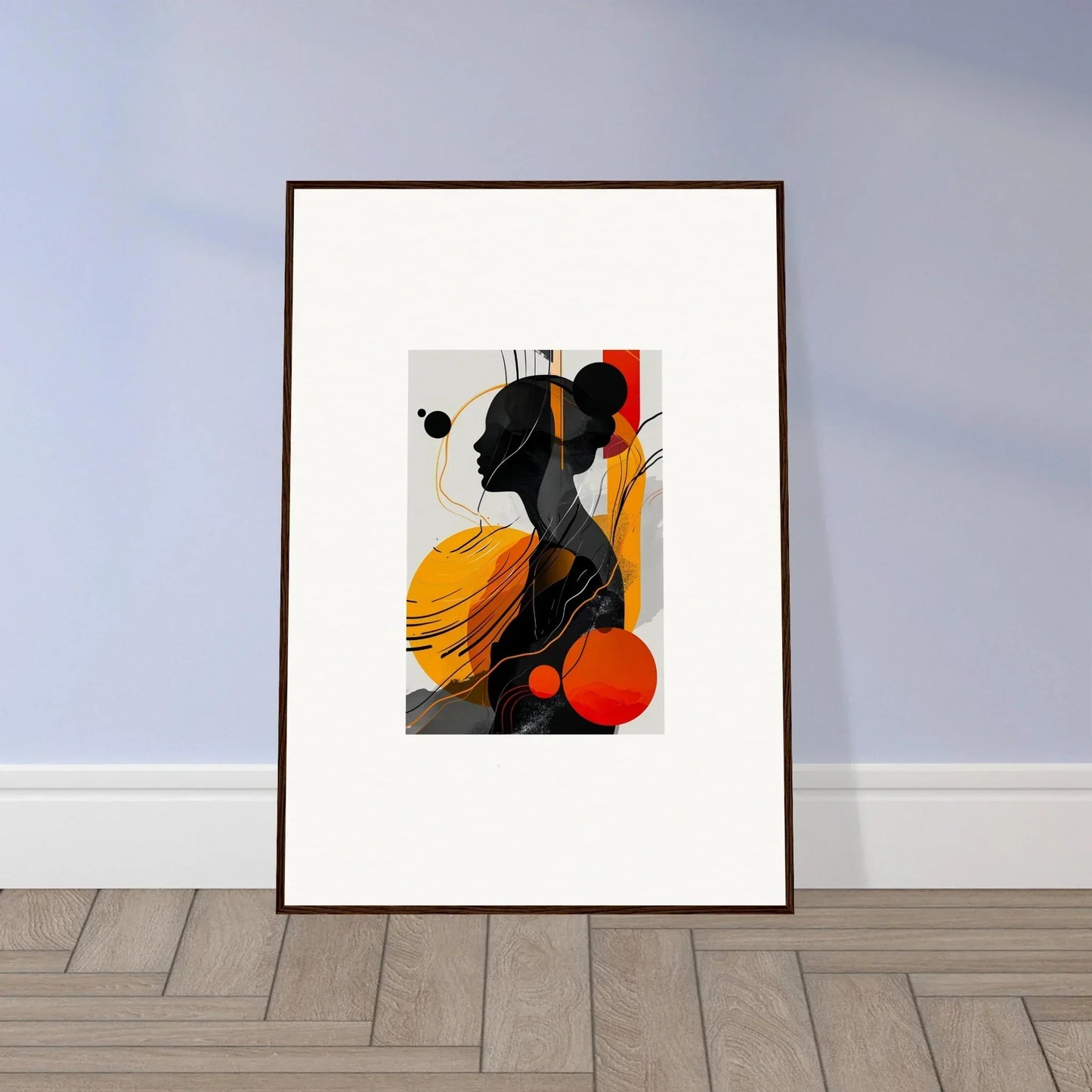 Framed abstract artwork with bold shapes in black, yellow, and red for modern room decor