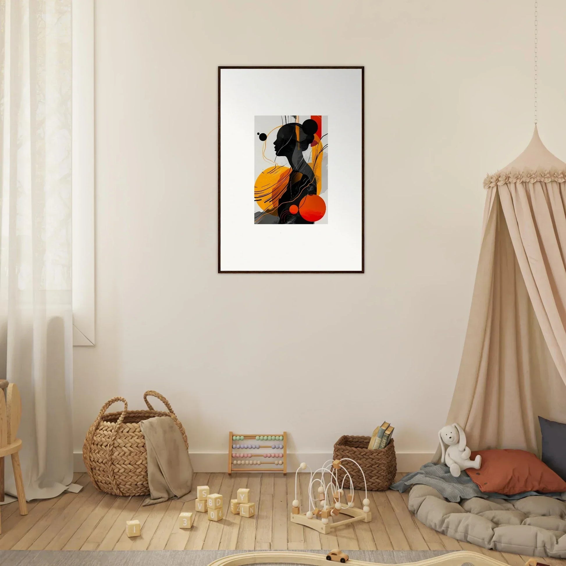 Framed wall art featuring bold shapes and colors for unique room decor