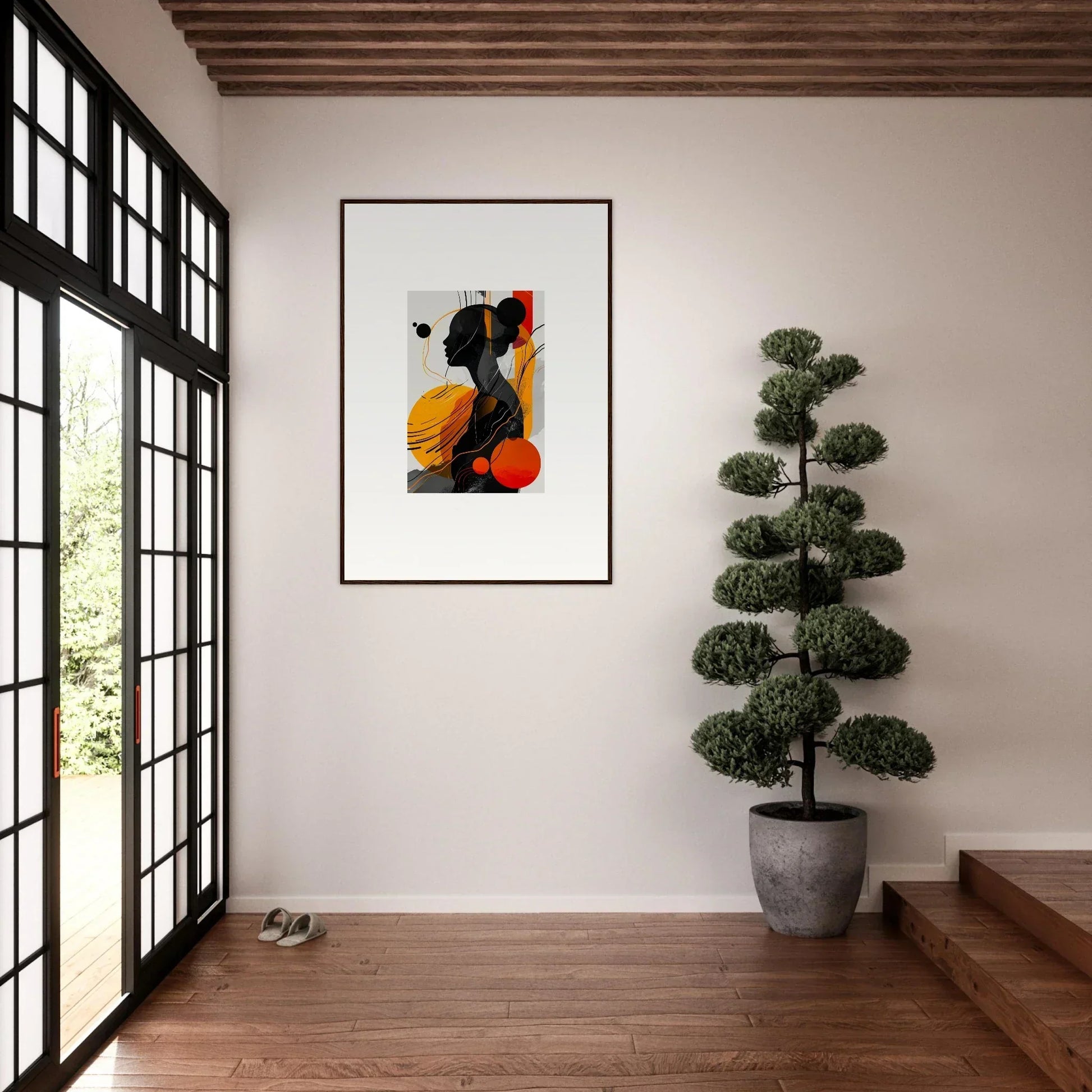 Abstract framed wall art with bold geometric shapes in black, orange, and yellow for room decor