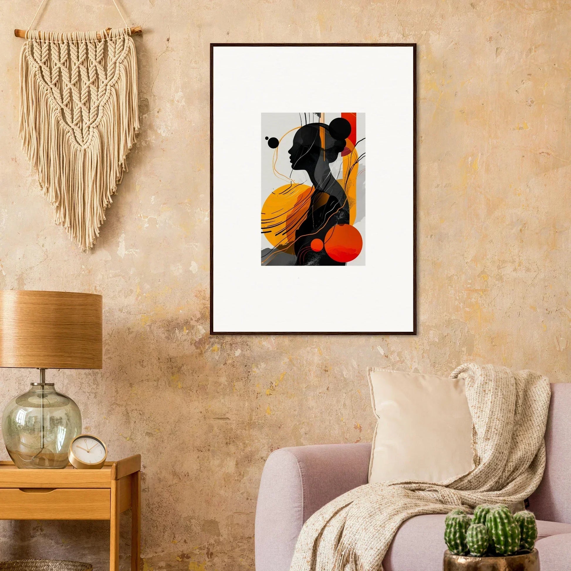 Framed abstract artwork with vibrant yellow and red elements for room decor