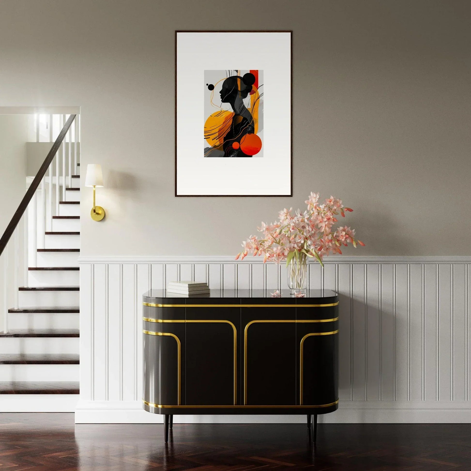 Elegant entryway with black and gold sideboard and modern framed wall art for room decor