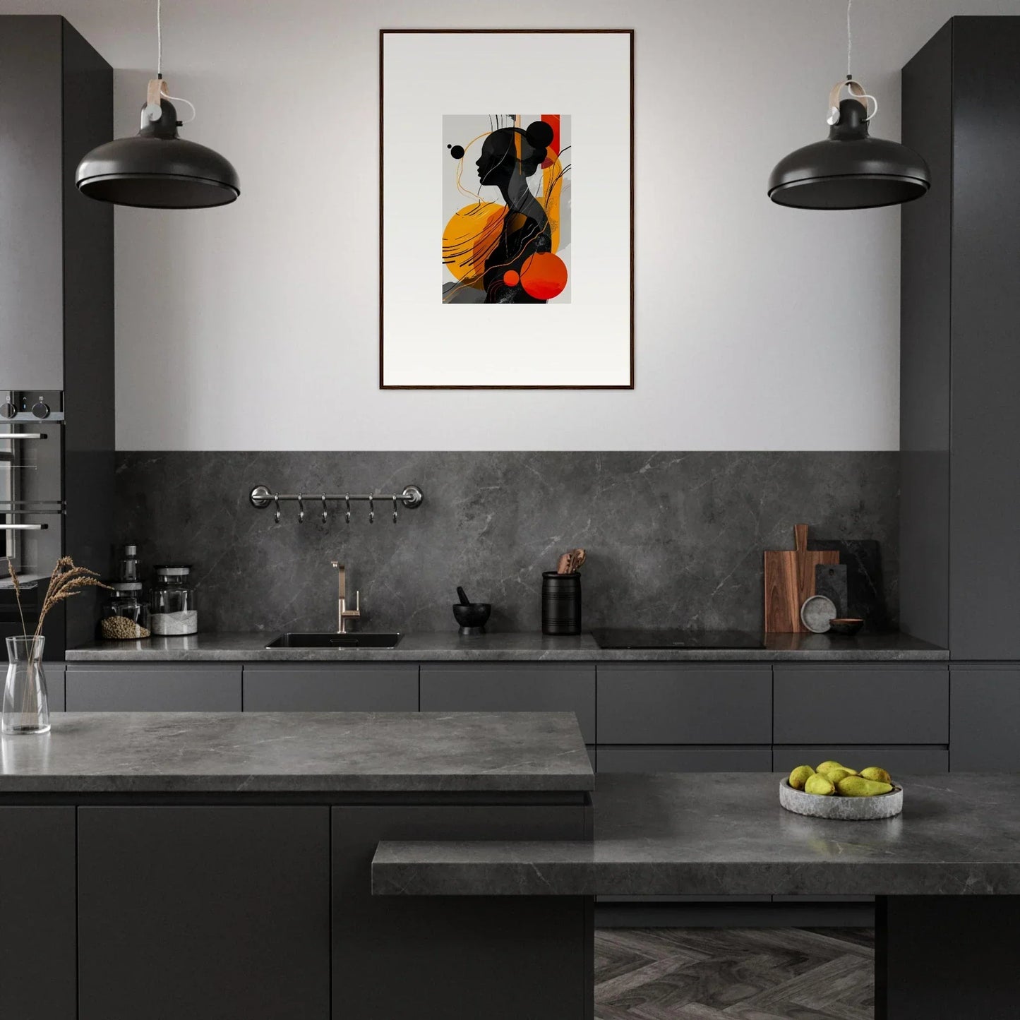 Modern kitchen featuring dark cabinetry, concrete countertops, and framed wall art