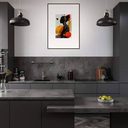 Modern kitchen featuring dark cabinetry, concrete countertops, and framed wall art