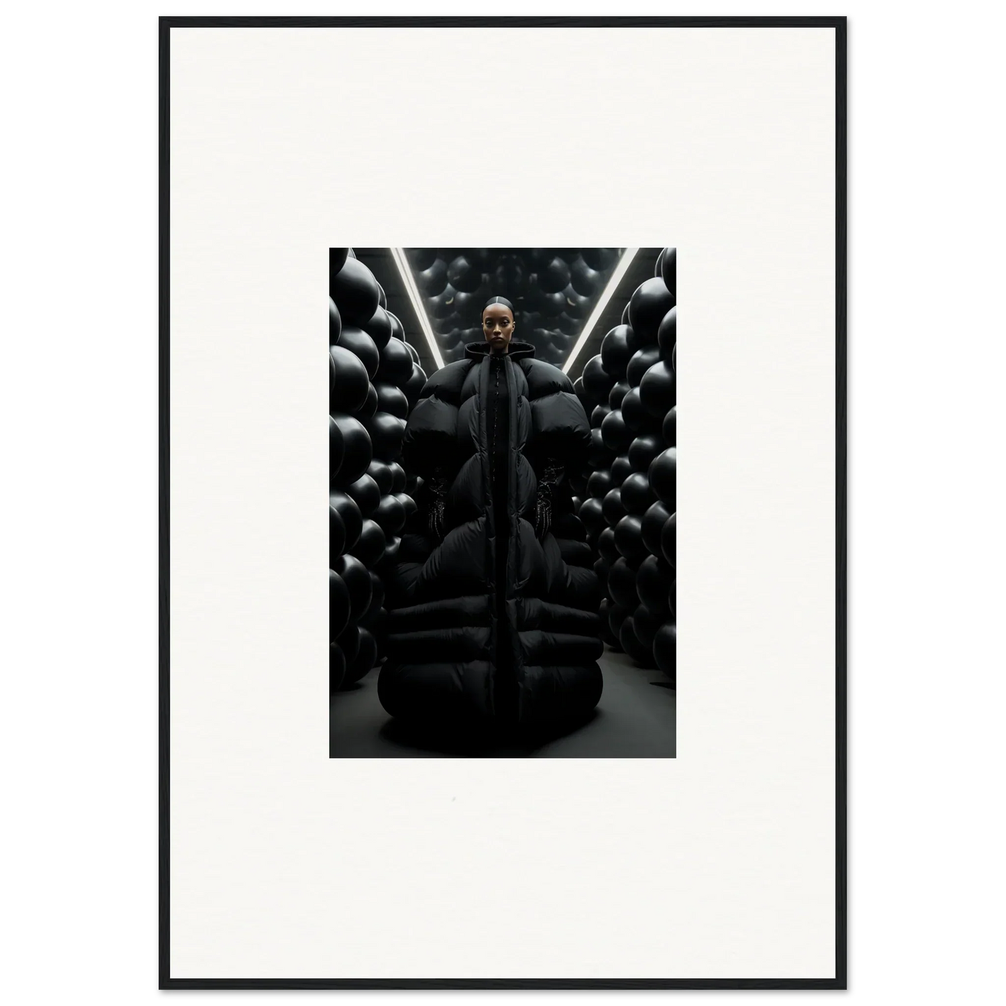 Dark-clad figure with black spheres in a Lunar Echoes canvas print for cool room decoration