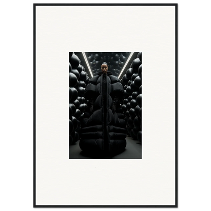 Dark-clad figure with black spheres in a Lunar Echoes canvas print for cool room decoration