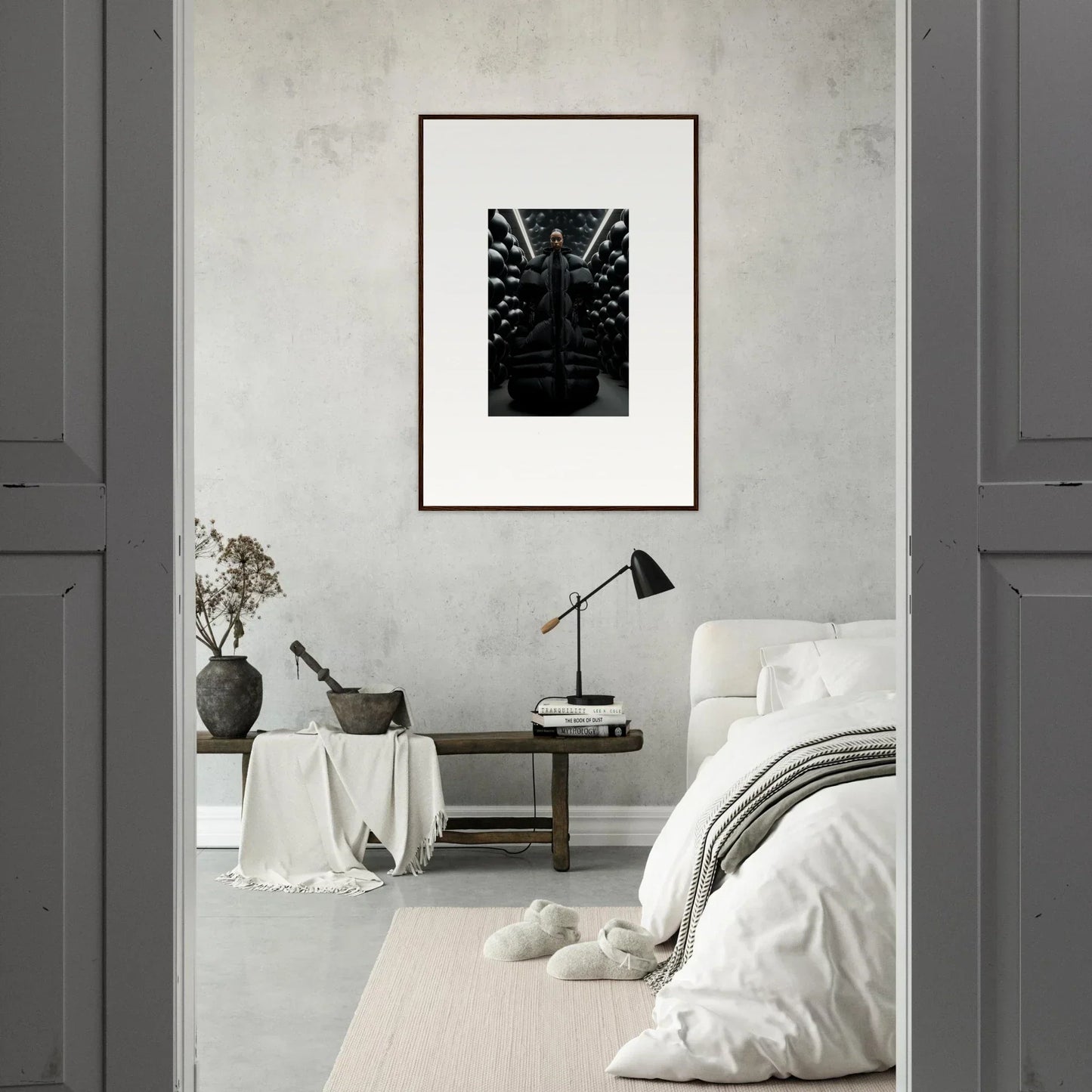 Framed black and white architectural interior for stylish room decoration with lunar echoes