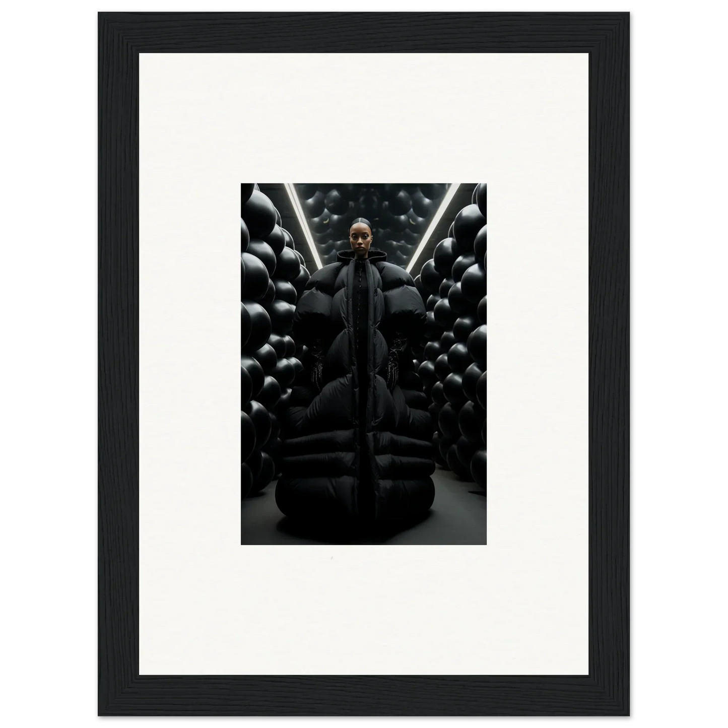 Framed canvas print of a person among lunar echoes in a dark room decoration