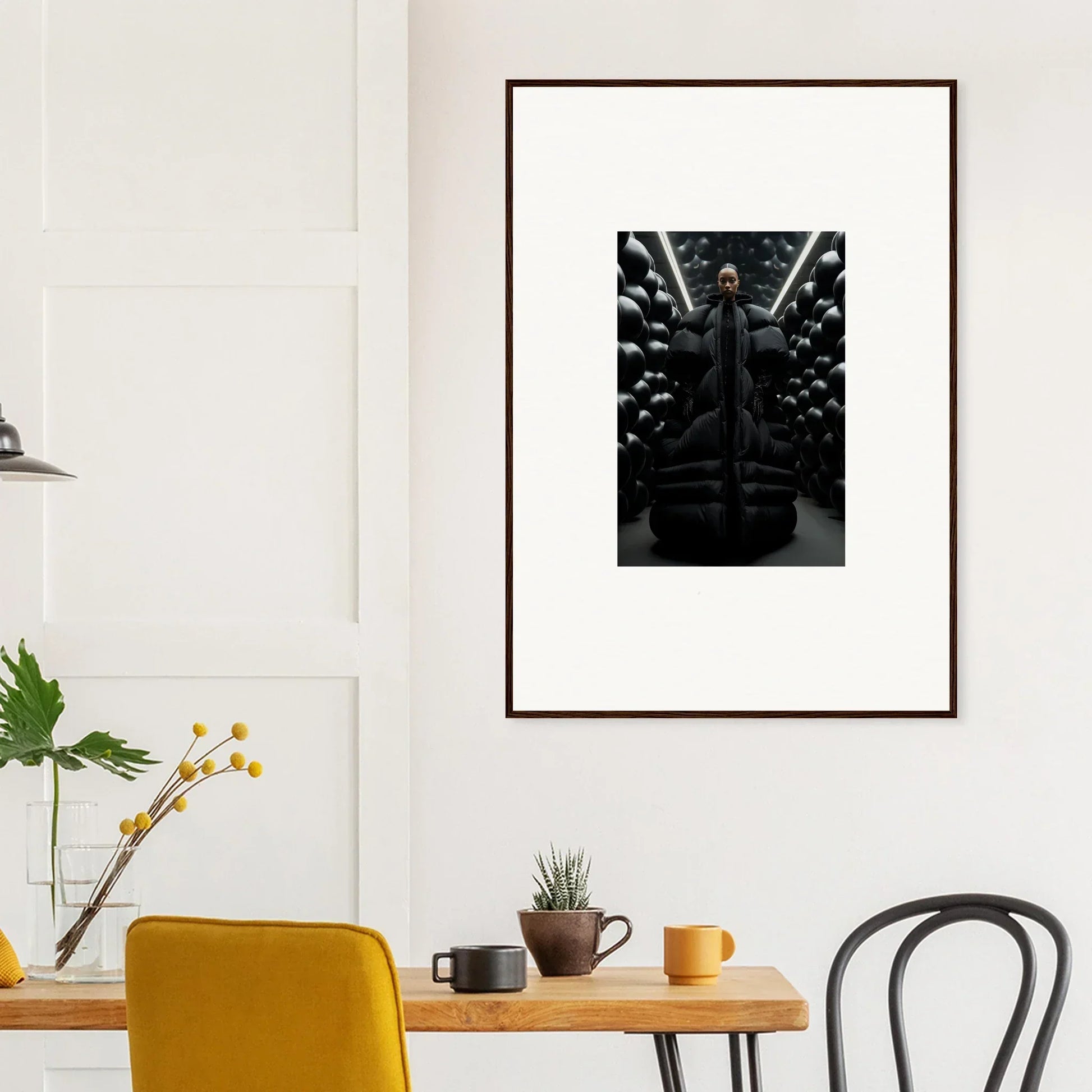 Framed black and white canvas print of a figure with luminous lunar echoes lights