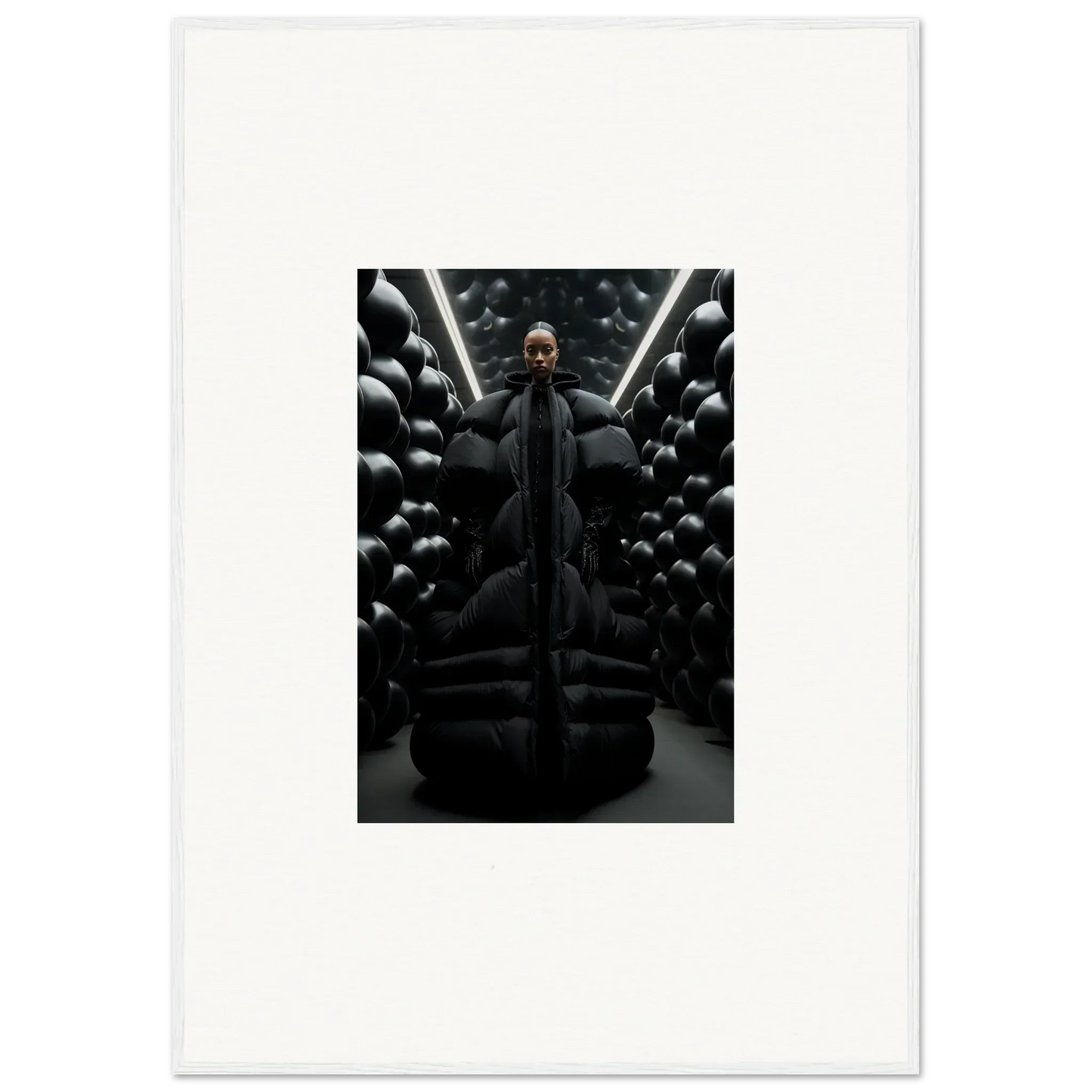 Dark-clad figure among black spheres in a cool Lunar Echoes canvas print for room decoration