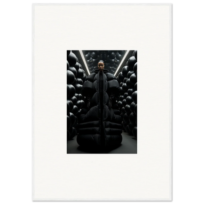 Dark-clad figure among black spheres in a cool Lunar Echoes canvas print for room decoration